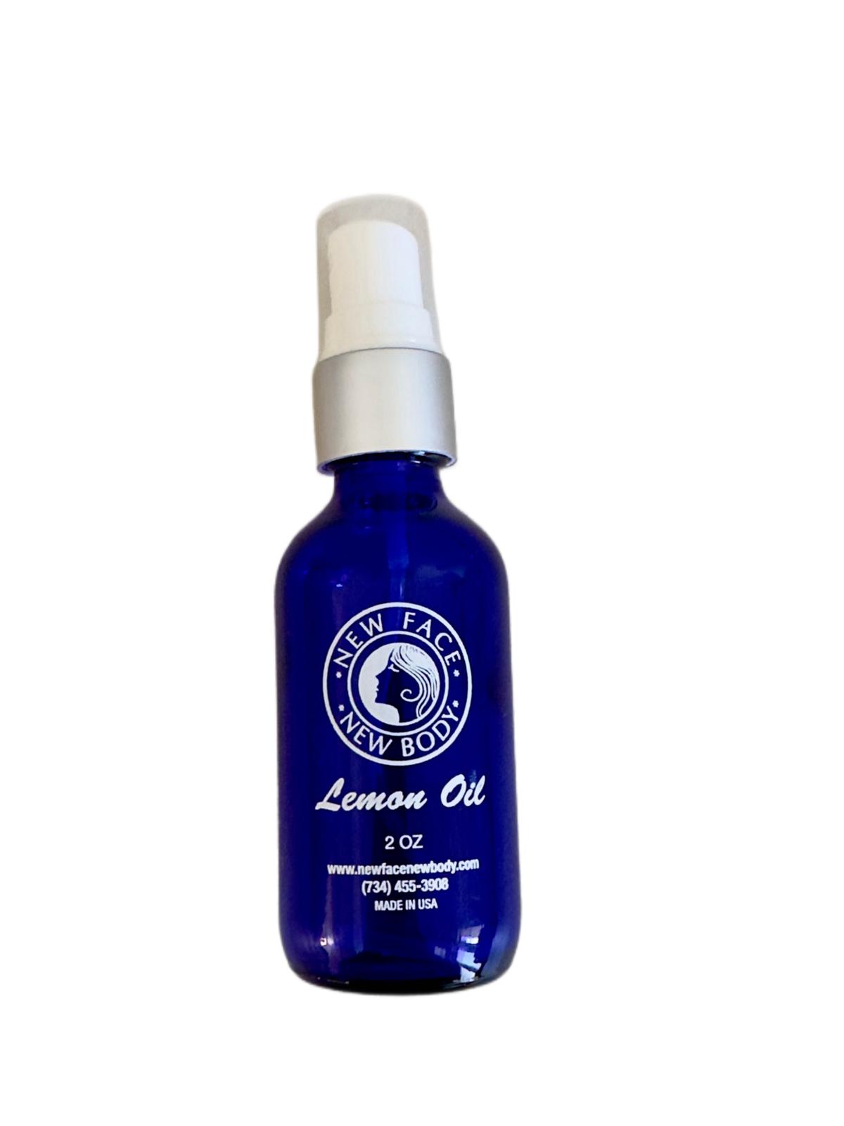 New Face New Body Pure Lemon Oil 2 oz cobalt blue glass bottle front view